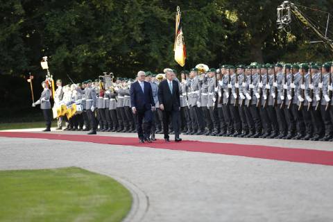 Turkish President Recep Tayyip Erdogan Berlin: Turkish President Recep Tayyip Erdogan will receive military honors at Bellevue Palace. The photo shows the Federal President Frank-Walter Steinmeier and the Turkish President Recep Tayyip Erdogan Berlin Berlin-Tiergarten Germany  SimonexKuhlmey