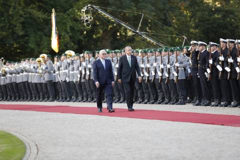 Turkish President Recep Tayyip Erdogan Berlin: Turkish President Recep Tayyip Erdogan will receive military honors at Bellevue Palace. The photo shows the Federal President Frank-Walter Steinmeier and the Turkish President Recep Tayyip Erdogan Berlin Berlin-Tiergarten Germany  SimonexKuhlmey