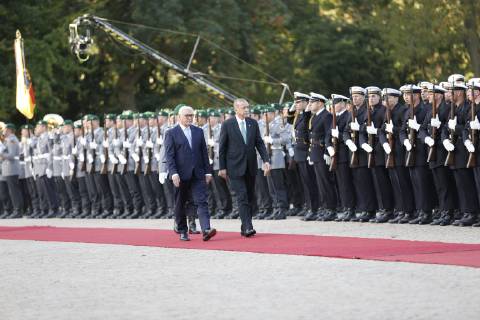Turkish President Recep Tayyip Erdogan Berlin: Turkish President Recep Tayyip Erdogan will receive military honors at Bellevue Palace. The photo shows the Federal President Frank-Walter Steinmeier and the Turkish President Recep Tayyip Erdogan Berlin Berlin-Tiergarten Germany  SimonexKuhlmey