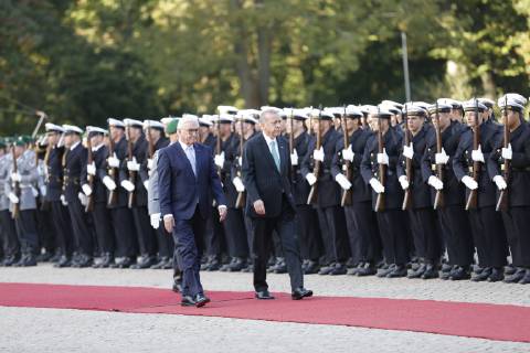 Turkish President Recep Tayyip Erdogan Berlin: Turkish President Recep Tayyip Erdogan will receive military honors at Bellevue Palace. The photo shows the Federal President Frank-Walter Steinmeier and the Turkish President Recep Tayyip Erdogan Berlin Berlin-Tiergarten Germany  SimonexKuhlmey