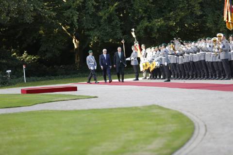 Turkish President Recep Tayyip Erdogan Berlin: Turkish President Recep Tayyip Erdogan will receive military honors at Bellevue Palace. The photo shows the Federal President Frank-Walter Steinmeier and the Turkish President Recep Tayyip Erdogan Berlin Berlin-Tiergarten Germany  SimonexKuhlmey