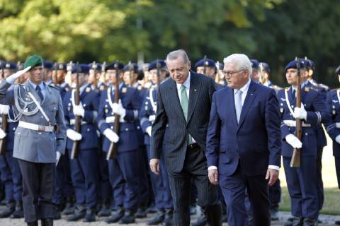 Turkish President Recep Tayyip Erdogan Berlin: Turkish President Recep Tayyip Erdogan will receive military honors at Bellevue Palace. The photo shows the Federal President Frank-Walter Steinmeier and the Turkish President Recep Tayyip Erdogan Berlin Berlin-Tiergarten Germany  SimonexKuhlmey