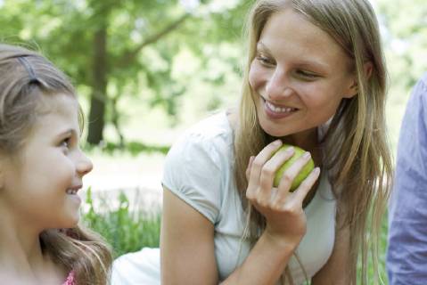 Mother and daughter outdoors, looking at each other  Copyright: EricxAudras B75058418