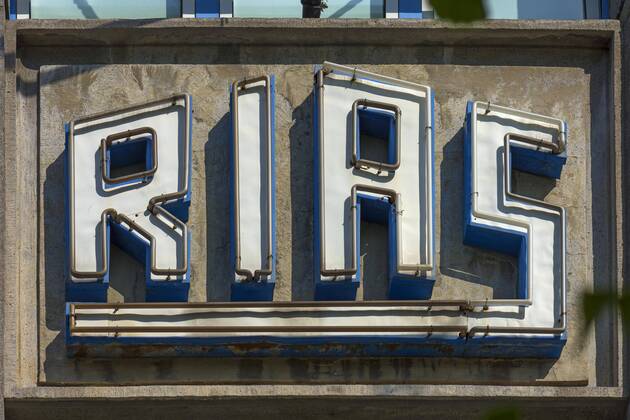 Illuminated lettering RIAS broadcasting in the American sector today Broadcasting house Berlin Schöneberg Berlin Germany Europe Copyright: imageBROKER HelmutxMeyerxzurxCapellen ibxmzc04760701.jpg