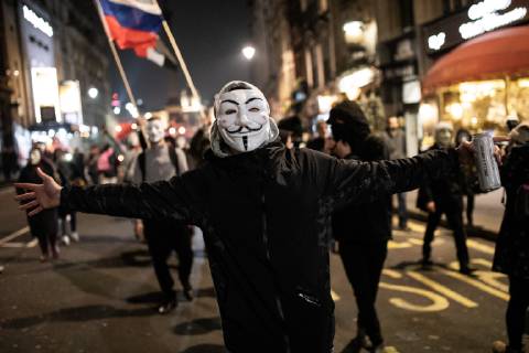 November 5, 2018 - London, London, UK - London, UK. Demonstrators take part in the Million Mask March, an anti-capitalist protest organised by Anonymous UK. The march takes place on bonfire night, the anniversary of Guy Fawkes plot to blow up the Houses of Parliament with gunpowder. London UK  - ZUMAl94_ 20181105_zaf_l94_074 Copyright: xTomxNicholsonx