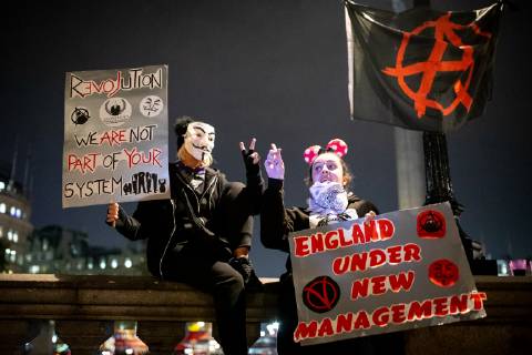 November 5, 2018 - London, London, UK - London, UK. Demonstrators take part in the Million Mask March, an anti-capitalist protest organised by Anonymous UK. The march takes place on bonfire night, the anniversary of Guy Fawkes plot to blow up the Houses of Parliament with gunpowder. London UK  - ZUMAl94_ 20181105_zaf_l94_079 Copyright: xTomxNicholsonx