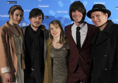 The team of the film Adams Ende visits the film festival Max Ophüls Preis at the Cinestar in Saarbrücken on Friday 21 01 2011 The film celebrates its premiere Im Bild v l Die Schauspieler Eva Maria May David Winter Paula Kalenberg Director Richard Wilhelmer and actor Robert Stadlober