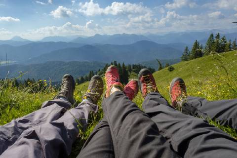 Germany, Bavaria, Brauneck near Lenggries, legs of hikers in meadow in alpine landscape model released Symbolfoto  LBF02070