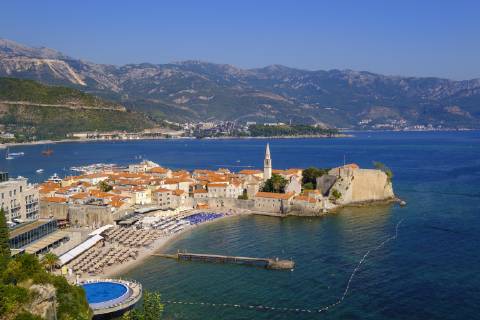 Old town with city beach Budva Adriatic coast Montenegro Europe Copyright: imageBROKER/MartinxSiepmann iblman04786247