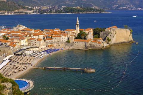 Old town with city beach Budva Adriatic coast Montenegro Europe Copyright: imageBROKER/MartinxSiepmann iblman04786249