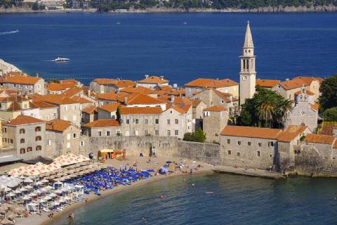 Old town with city beach Budva Adriatic coast Montenegro Europe Copyright: imageBROKER/MartinxSiepmann iblman04786251