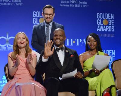 Actors Leslie Mann, Christian Slater, Terry crews and Danai Gurira prepare to announce the nominees for the 76th annual Golden Globe Awards at the Beverly Hilton Hotel in Beverly Hills, California on December 6, 2018.  LAP2018120605 JIMxRUYMEN
