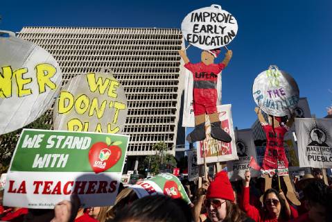 December 15, 2018 - Los Angeles, California, United States - Teachers and supporters of public education march against education funding cuts during the March for Public Education in Los Angeles, California on December 15, 2018. The rally, organized by United Teachers Los Angeles, drew thousands of educators who demanded wage increases and smaller class sizes. Los Angeles United States  - ZUMAn230 20181215_zaa_n230_890 Copyright: xRonenxTivonyx