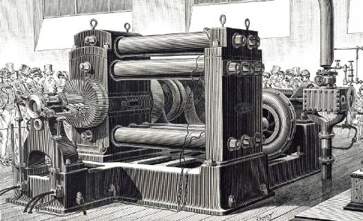 An engraving depicting Edison s Jumbo Engine-driver Dynamo on show at the Paris Electrical Exhibition of 1881. Thomas Edison (1847-1931) an American inventor and businessman. Dated 19th century. 917_36_WHA_124_0317