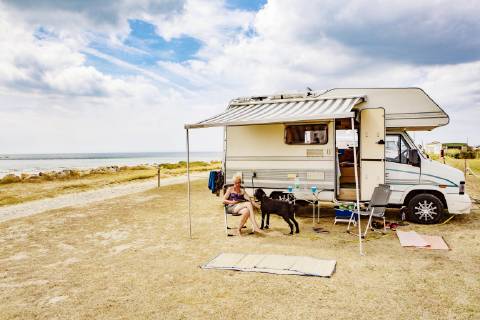 Woman sitting on holiday with a dog king poodle in front of her camper by the sea Portbail Normandy France Europe Copyright: imageBROKER/JanxTepass ibxjte04830949.jpg