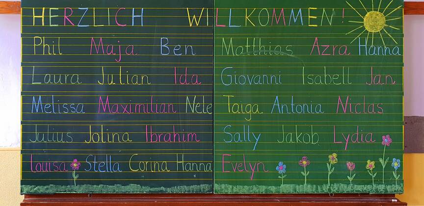 IMAGO Creative: Gesellschaft, Schule, Schulanfang erster Schultag. Namen der I-Maennchen auf einer Schultafel, Deutschland first school day, names of the first-grader on a school board, Germany BLWS516890 Copyright: xblickwinkel fotototox