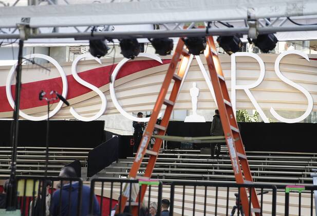 A ladder is used for set up as preparations continue for the 91st Academy Awards in the Hollywood section of Los Angeles on February 23, 2019. Oscar winners will be announced during an ABC live telecast on February 24th.  LAP201902239003 JOHNxANGELILLO