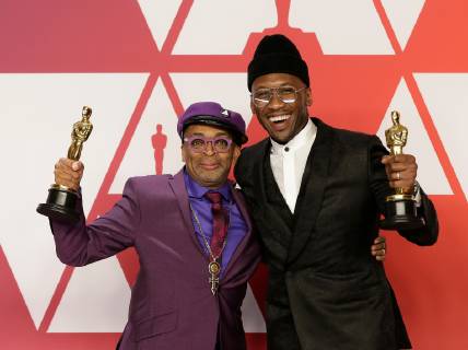Spike Lee (L) winner Best Adapted Screenplay for BlacKkKlansman, and Mahershala Ali, winner Best Actor in a Supporting Role for Green Book, appear backstage with their Oscars during the 91st annual Academy Awards at Loews Hollywood Hotel in the Hollywood section of Los Angeles on February 24, 2019.  LAP20190224807 JOHNxANGELILLO