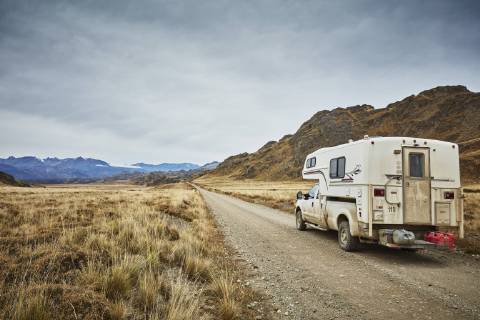 Chile, Valle Chacabuco, Parque Nacional Patagonia, camper on gravel road in the mountains property released  SSCF00243