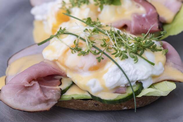 Close-up of a boiled egg with coffee eggs benedict  1035304885