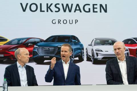 Herbert DIESS Chairman of the Board of Management CEO Mitte and Frank WITTER Finance and Controlling Division CFO CFO right Annual press conference of Volkswagen AG Aktiengesellschaft in Wolfsburg on 12 03 2019