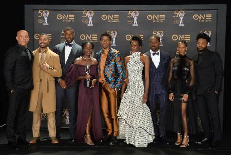 (L-R) Vin Diesel, Michael B. Jordan, Winston Duke, Lupita Nyong o, Chadwick Boseman, Danai Gurira, Sterling K. Brown, Letitia Wright, and Ryan Coogler winners of Outstanding Directing in a Motion Picture, Outstanding Motion Picture and Outstanding Ensemble Cast in a Motion Picture for Black Panther, appear backstage during the 50th annual NAACP Image Awards at Loews Hollywood Hotel in the Hollywood section of Los Angeles on March 30, 2019. The NAACP Image Awards celebrates the accomplishments of people of color in the fields of television, music, literature and film and also honors individuals or groups who promote social justice through creative endeavors. LAP20190330346 JIMxRUYMEN