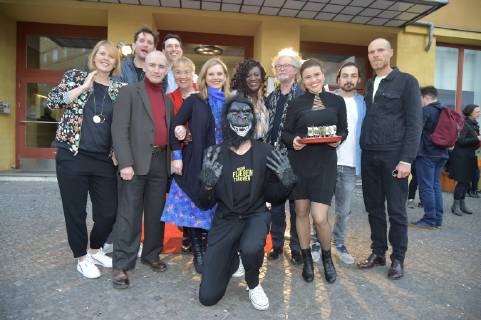 Film Premiere when Flying Traeumen FilmCast with Jonas Grosch as a monkey disguised in front at the premiere when Flying Traeumen Directors booth of Katharina Nagel in Achtung Berlin in Berlin on 16 04 2019 APP