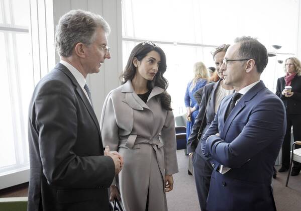 Federal Foreign Minister Heiko Maas SPD Lawyer Amal Clooney and Ambassador Christoph Heusgen after the debate of the UN Security Council on sexual violence in conflicts under the chairmanship of Germany New York 23 04 2019 New York USA Copyright: xThomasxKoehler photothek.netx