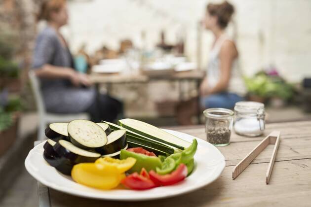 Plate with vegetables, ready for barbecue in a backyard model released Symbolfoto property released  PDF01794