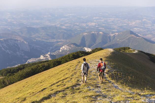 Italy, Monte Nerone, two men hiking on top of a mountain in summer model released Symbolfoto  WPEF01302