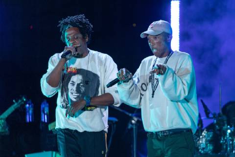 April 27, 2019 - Virginia Beach, Virginia, U.S - JAY-Z (SHAWN CARTER) and PHARRELL WILLIAMS during the inaugural Something In The Water Music Festival in Virginia Beach, Virginia Virginia Beach U.S. - ZUMAs135 20190427_zap_s135_194 Copyright: xDanielxDeSloverx