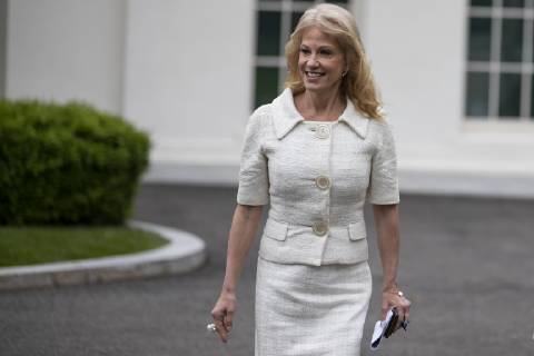 May 1, 2019 - Washington, District of Columbia, U.S. - Kellyanne Conway, counselor to United States President Donald Trump, walks out of the West wing of the White House with an aid prior to speaking with members of the media in the West wing driveway at the White House in Washington, D.C. on May 1, 2019. Credit: CNP Washington U.S. - ZUMAs152 20190501_zaa_s152_005 Copyright: xAlexxEdelmanx