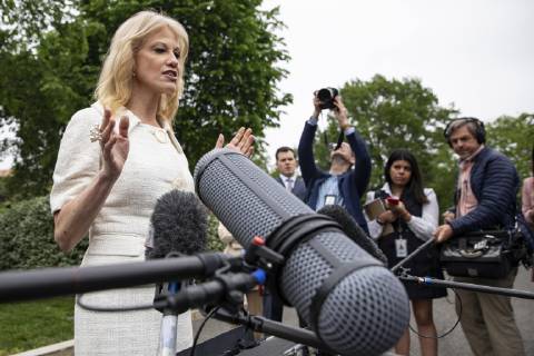 May 1, 2019 - Washington, District of Columbia, U.S. - Kellyanne Conway, counselor to United States President Donald Trump, speaks with members of the media on the West Wing driveway at the White House in Washington, D.C. on May 1, 2019. Credit: CNP Washington U.S. - ZUMAs152 20190501_zaa_s152_011 Copyright: xAlexxEdelmanx
