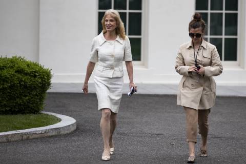 May 1, 2019 - Washington, District of Columbia, U.S. - Kellyanne Conway, counselor to United States President Donald Trump, walks out of the West wing of the White House with an aid prior to speaking with members of the media in the West wing driveway at the White House in Washington, D.C. on May 1, 2019. Credit: CNP Washington U.S. - ZUMAs152 20190501_zaa_s152_008 Copyright: xAlexxEdelmanx