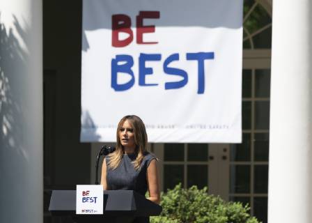 First lady Melania Trump speaks during the anniversary celebration of the BeBest campaign, an initiative advocating against cyberbullying and drug use. Copyright: xChrisxKleponisx