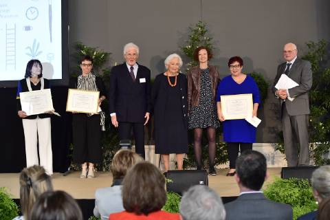 Queen Paola of Belgium and Federation Wallonia - Brussels Minister of Education and School Buildings Marie-Martine Schyns pictured during a ceremony for the Queen Paola Award 2018-2019 (Koningin Paolaprijs - Prix Reine Paola) for education, at the royal castle in Laken Laeken, Brussels, Wednesday 22 May 2019. LAURIExDIEFFEMBACQ 05589862