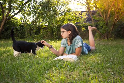 Girl with book lying on a meadow in garden tickling cat model released Symbolfoto property released  LVF07896