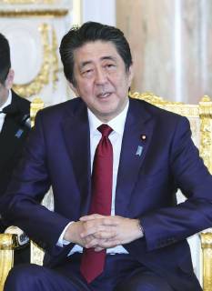 Trump in Japan Japanese Prime Minister Shinzo Abe is pictured during his meeting with U.S. President Donald Trump at the State Guest House in Tokyo on May 27, 2019. (Pool photo)
