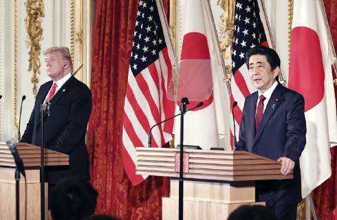 Trump in Japan Japanese Prime Minister Shinzo Abe (R) and U.S. President Donald Trump hold a joint press conference at the State Guest House in Tokyo on May 27, 2019. (Pool photo)