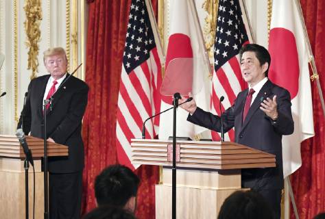 Trump in Japan Japanese Prime Minister Shinzo Abe (R) and U.S. President Donald Trump hold a joint press conference at the State Guest House in Tokyo on May 27, 2019. (Pool photo)
