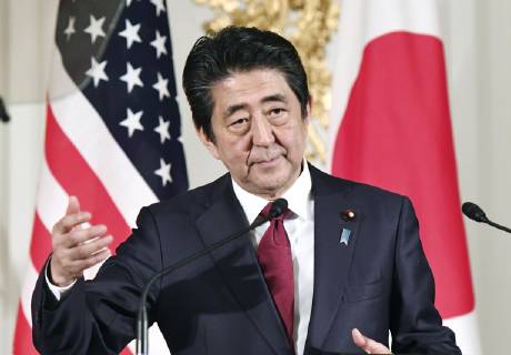 Trump in Japan Japanese Prime Minister Shinzo Abe speaks during a joint press conference with U.S. President Donald Trump at the State Guest House in Tokyo on May 27, 2019. (Pool photo)