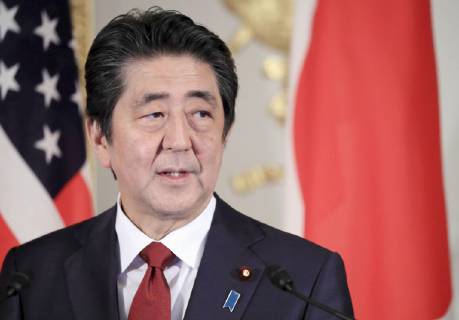 Trump in Japan Japanese Prime Minister Shinzo Abe attends a joint press conference with U.S. President Donald Trump at the State Guest House in Tokyo on May 27, 2019. (Pool photo)