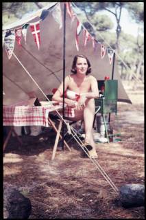 Spain Spain, ca 1956, vacation at the beach, vacation in Spain, woman in front of a tent