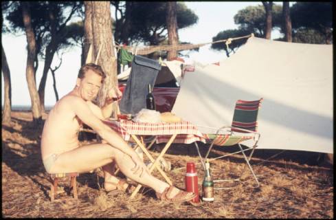 Spain Spain, ca 1956, vacation at the beach, vacation in Spain, man on a campground