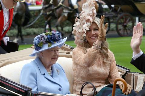 Queen Elizabeth II of the United Kingdom and Queen Maxima of the Netherlands arrive for the first day of Royal Ascot at Ascot Racecourse in Berkshire, England. JUNE 18th 2019  GRGx192227