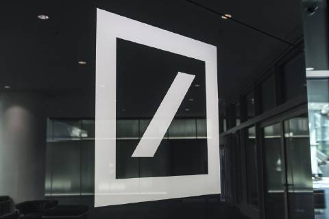 Deutsche Bank logo in the foyer of the corporate headquarters in Frankfurt am Main Taunusanlage