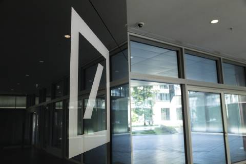Deutsche Bank logo in the foyer of the corporate headquarters in Frankfurt am Main Taunusanlage