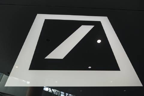 Deutsche Bank logo in the foyer of the corporate headquarters in Frankfurt am Main Taunusanlage