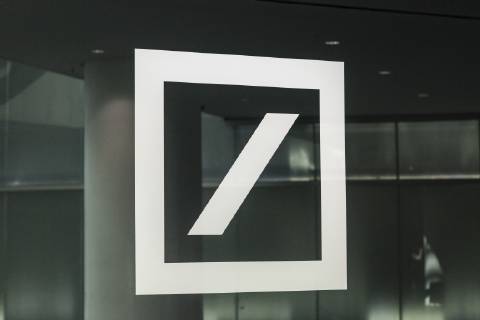 Deutsche Bank logo in the foyer of the corporate headquarters in Frankfurt am Main Taunusanlage