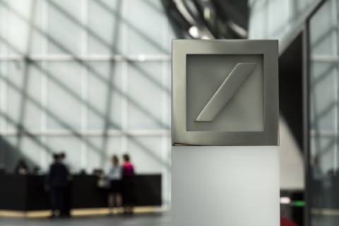 Deutsche Bank logo in the foyer of the corporate headquarters in Frankfurt am Main Taunusanlage